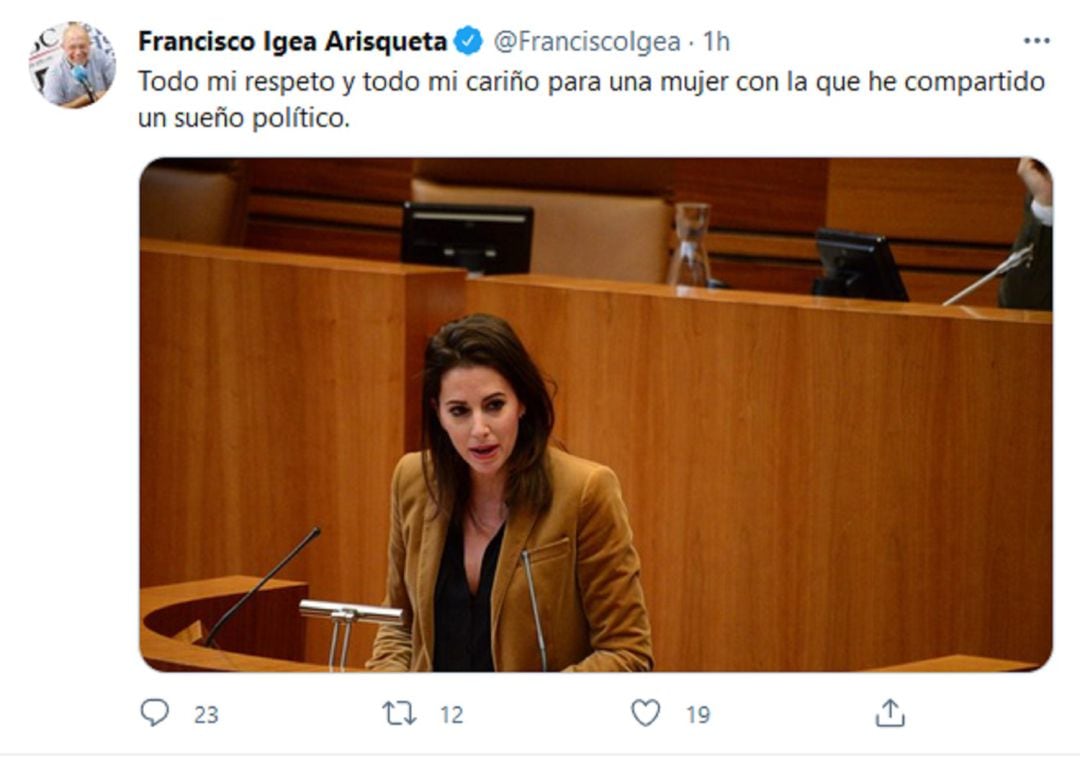 Tuit de Francisco Igea sobre la marcha de Ciudadanos de María Montero