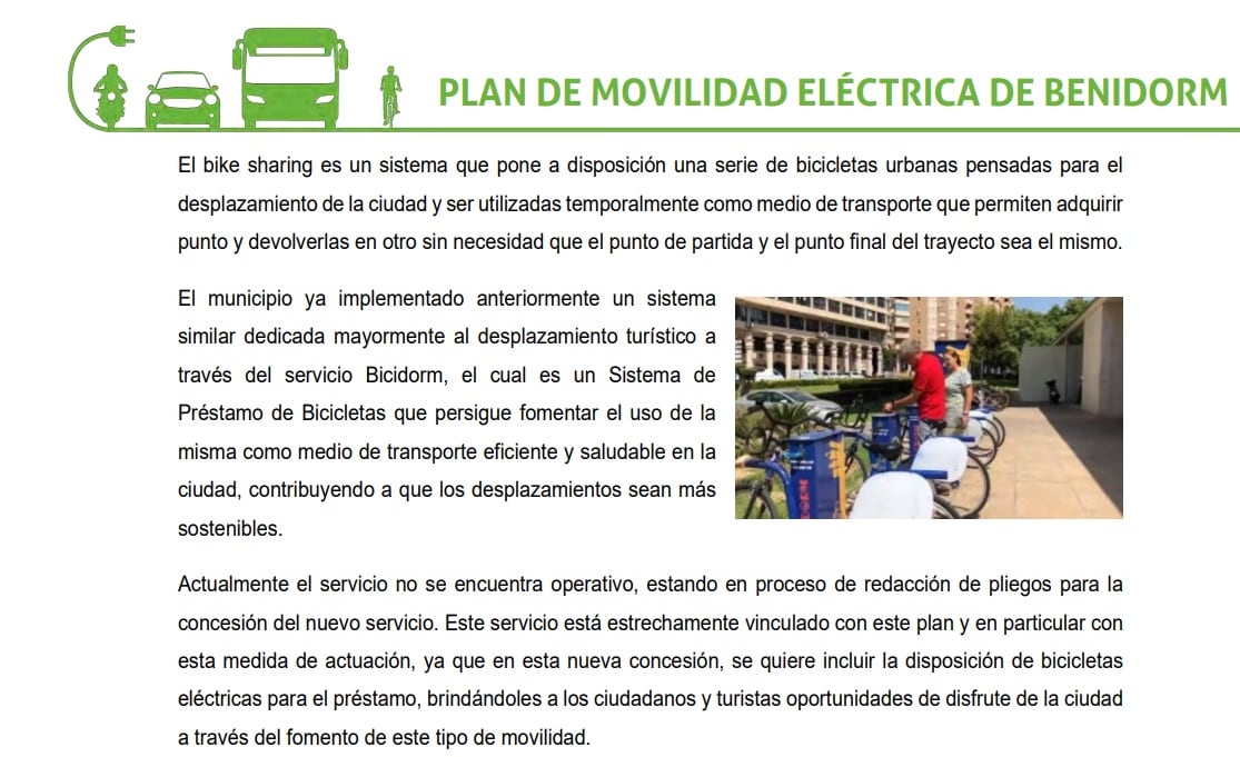 Fragmento del Plan de Movilidad Eléctrica de Benidorm en el que sí aparece un servicio público de bicicletas