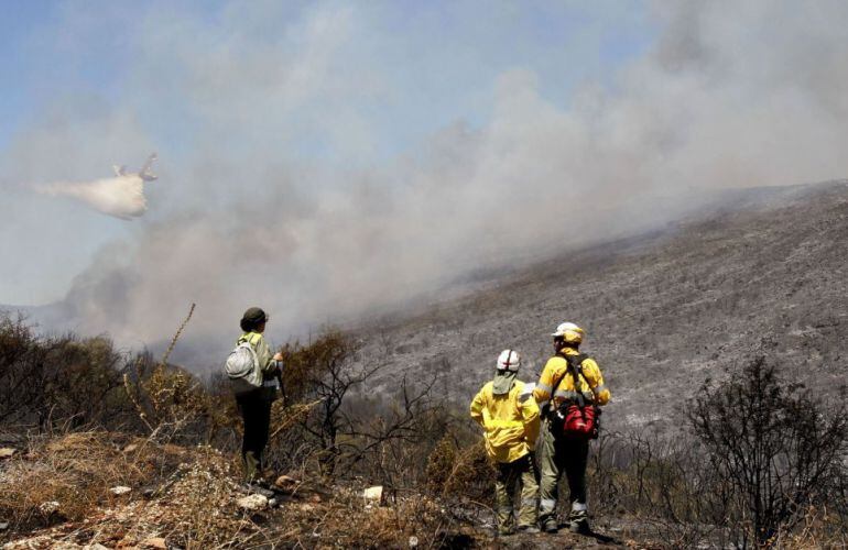 Efectivos del Plan Infoca observan un hidroavión que descarga agua para la extinción de un fuego que se ha declarado en los montes de la urbanización Santa Margarita, en la Línea de la Concepción.