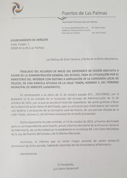 Respuesta de la Autoridad Portuaria de Las Palmas al Ayuntamiento de Arrecife.