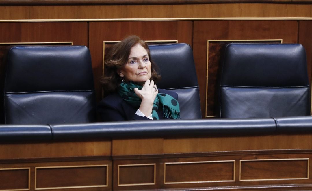 La vicepresidenta primera del Gobierno, Carmen Calvo, este miércoles durante la sesión de control al Ejecutivo 