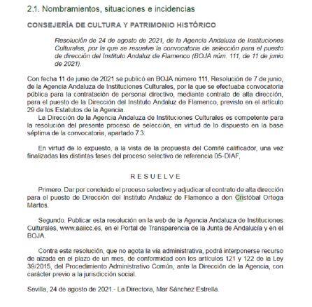 Página del BOJA con el nombramiento de Cristóbal Ortega como nuevo director del Instituto Andaluz del Flamenco