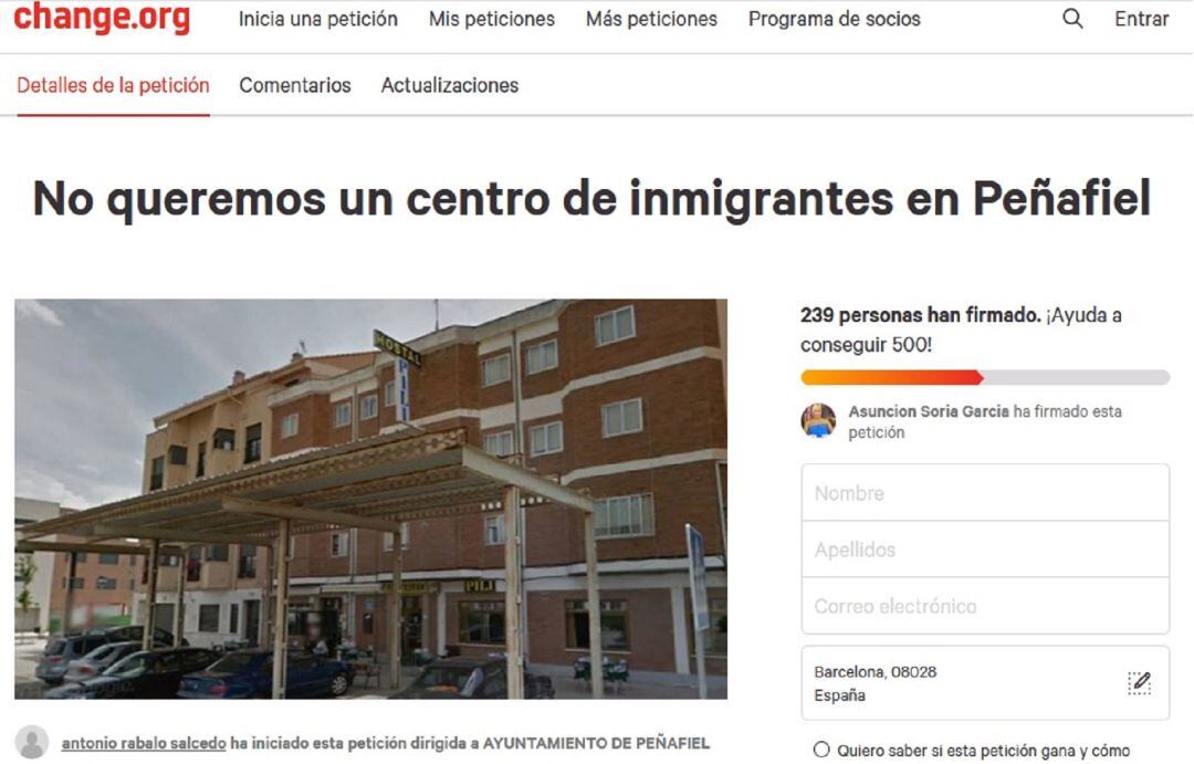 La petición de varios vecinos de Peñafiel en Change.org en contra de la apertura del &quot;centro de inmigrantes&quot; en la localidad.