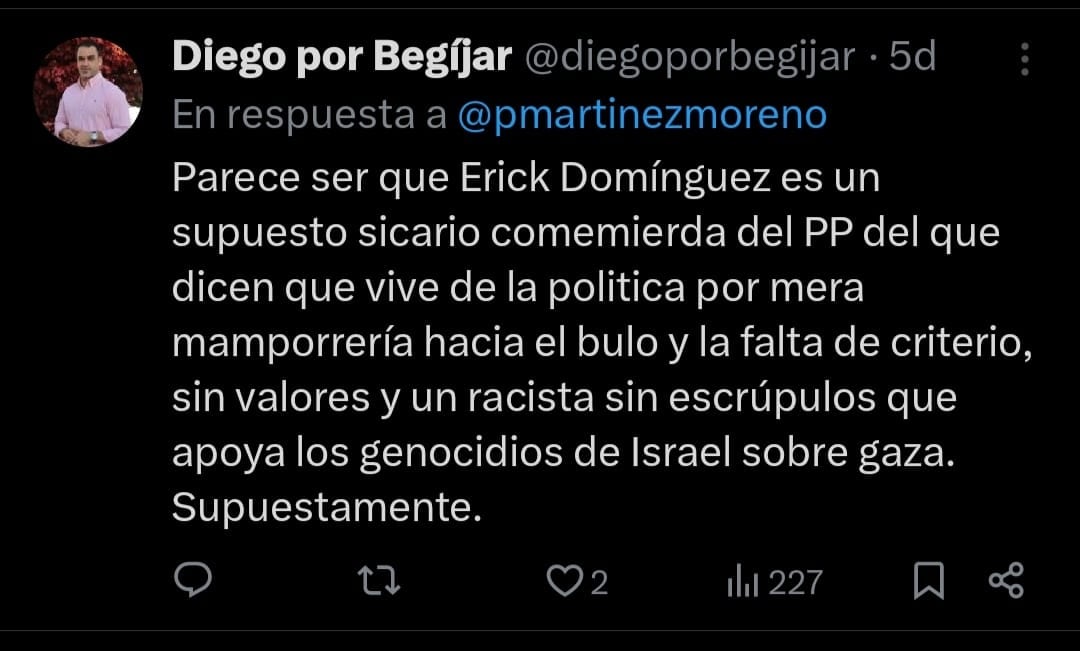 Mensaje en la red social Twitter del alcalde de Begíjar, Diego Soriano (PSOE), contra el presidente del PP de Jaén, Erik Domínguez (PP)