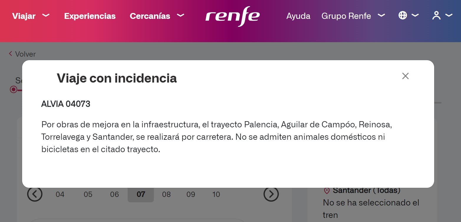 Mensaje informativo de la web de Renfe cuando se trata de comprar un billete para unir Castilla y León con Cantabria durante el mes de agosto | Cadena SER