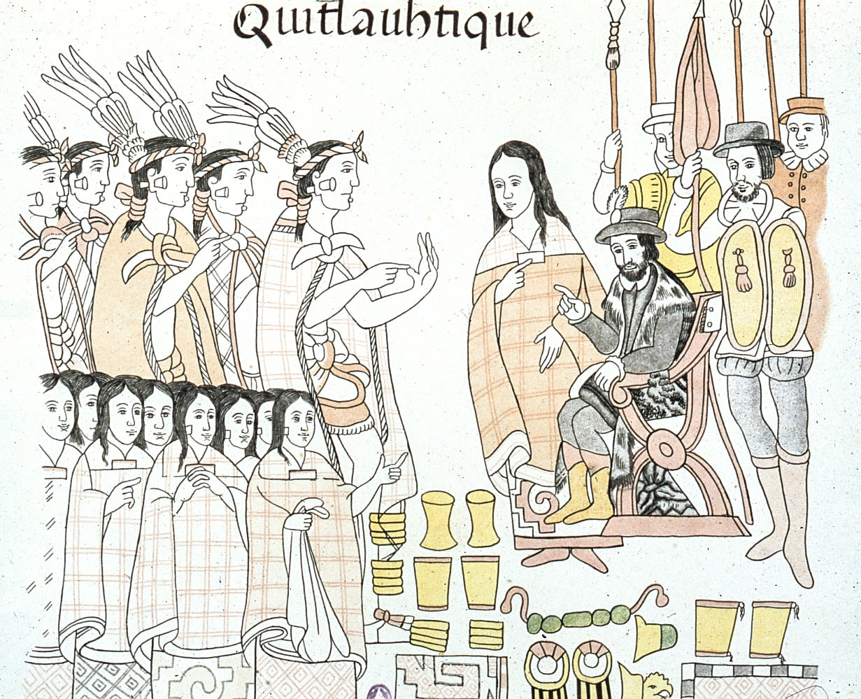 L&#039;entrevue entre le conquistador Hernan Cortes, la Malinche, et l&#039;empereur aztèque Moctezuma, illustration du codex de Tlaxcala. (Photo by API/Gamma-Rapho via Getty Images)