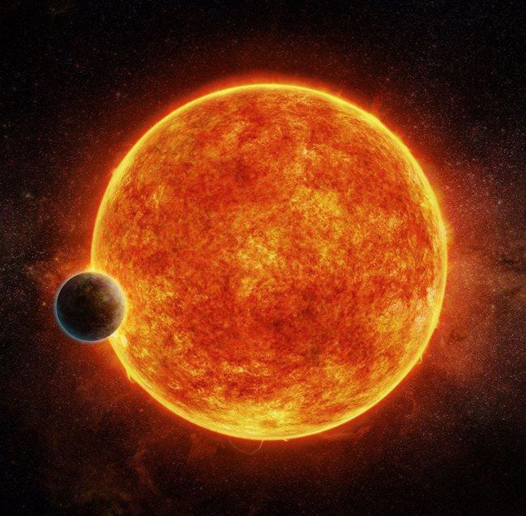 Concepción artística de una supertierra orbitando una estrella enana roja