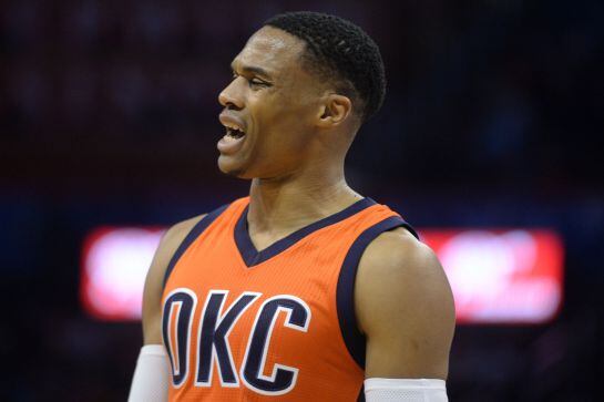 Nov 20, 2016; Oklahoma City, OK, USA; Oklahoma City Thunder guard Russell Westbrook (0) reacts after a play against the Indiana Pacers during the second quarter at Chesapeake Energy Arena. Mandatory Credit: Mark D. Smith-USA TODAY Sports