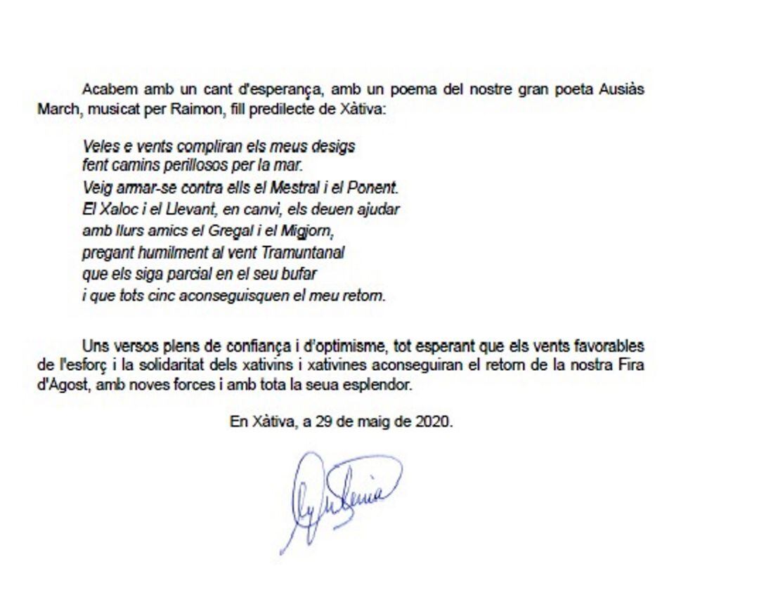 Fragmento del bando de anulación de la Fira