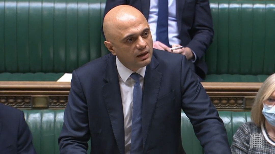 El ministro de Sanidad de Reino Unido, Sajid Javid, en la Cámara de los Comunes.