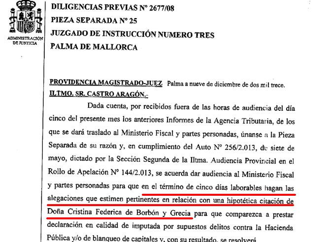 Providencia del juez Castro en la que pide a las partes que se pronuncien sobre la imputación de la infanta