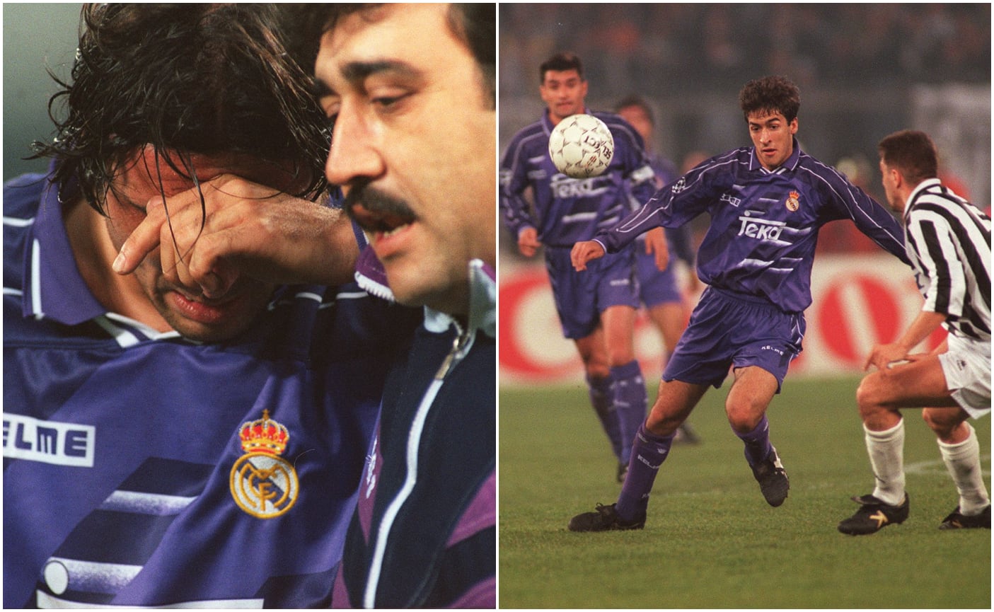 A la izquierda, Alkorta se lamenta tras ser expulsado contra la Juventus en 1996. A la derecha, Raúl intenta sortear a un rival en el mismo partido.