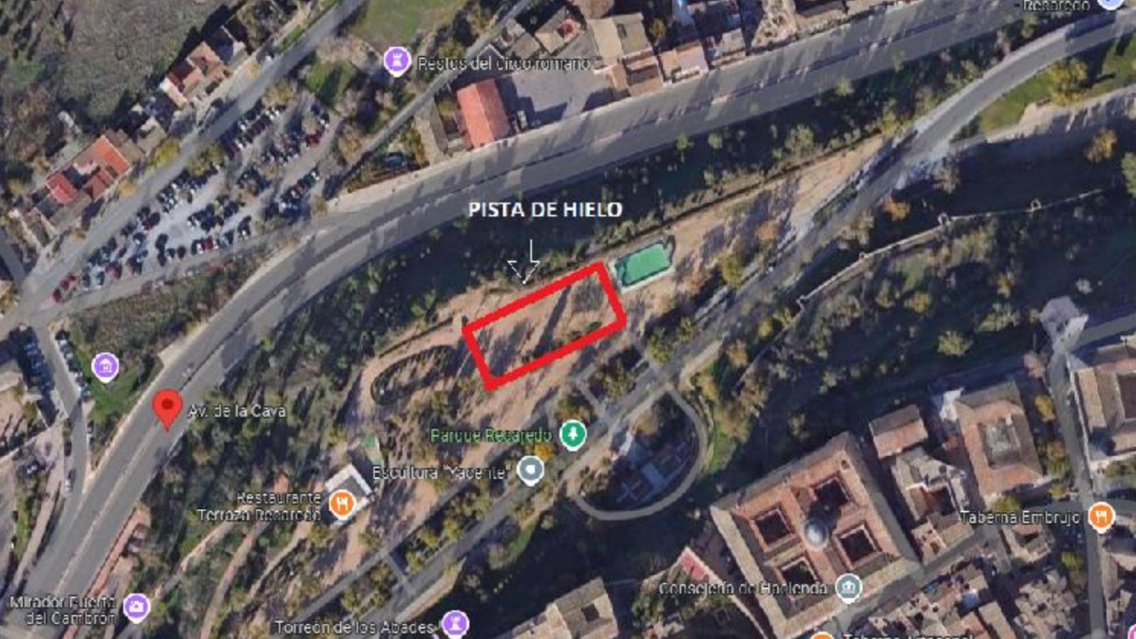 Mapa de la ubicación de la pista de hielo en el Paseo de Recaredo de Toledo durante las próximas Navidades