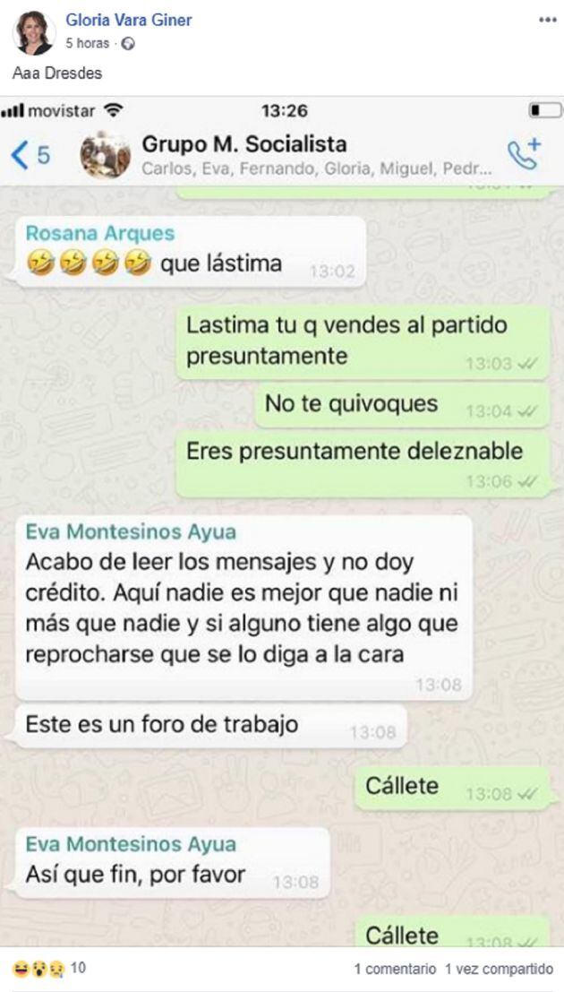 Pantallazo que ha colgado Gloria Vara en su página de Facebook