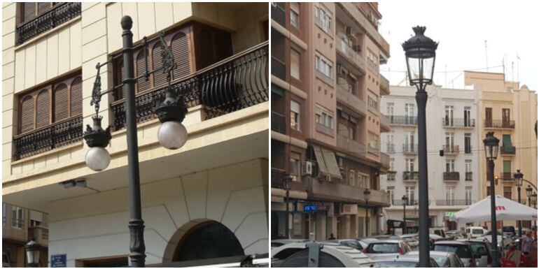 A la izquierda el modelo de farola Valencia. A la derecha la farola modelo Fernando VII. 