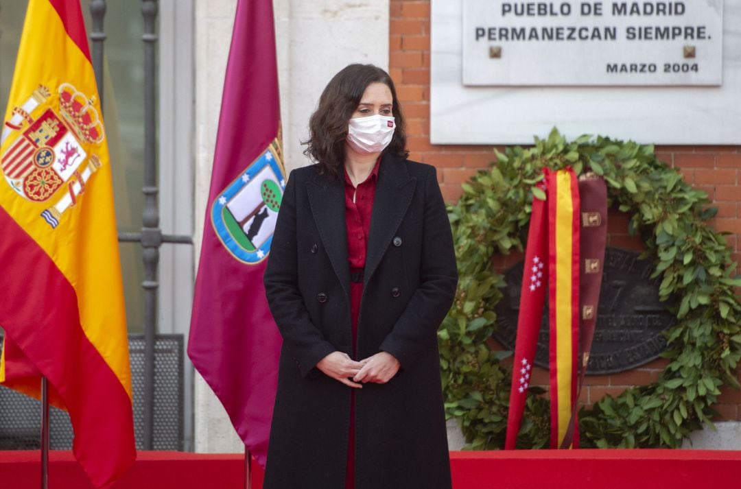 La presidenta de la Comunidad de Madrid, Isabel Díaz Ayuso, durante el acto solemne en recuerdo y homenaje a las víctimas de los atentados del 11 de marzo en Madrid