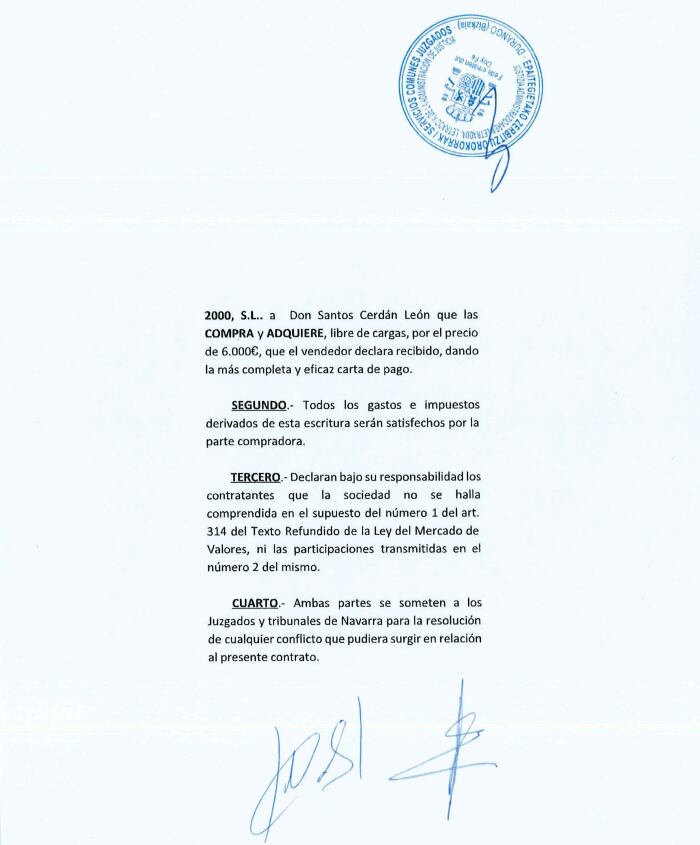 Contrato por el que Santos Cerdán adquiría parte de la propiedad de la empresa Servinabar