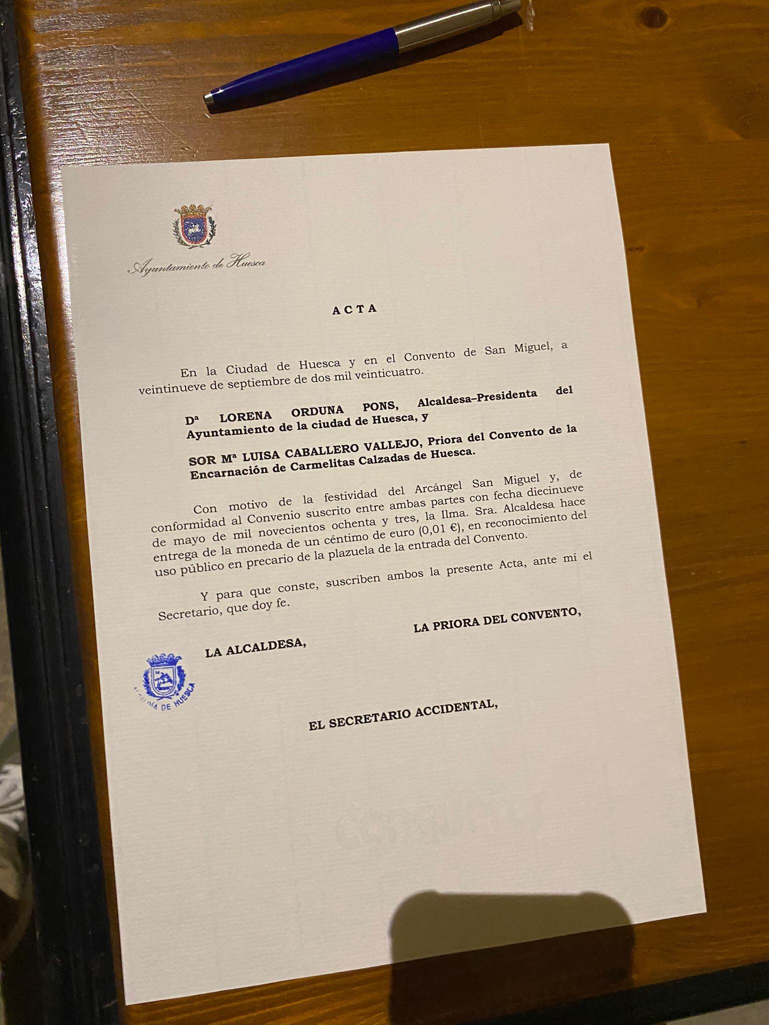 Acta de entrega del céntimo simbólico