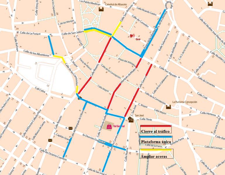 As&iacute; es el plano del borrador inicial de la peatonalizaci&oacute;n de Albacete