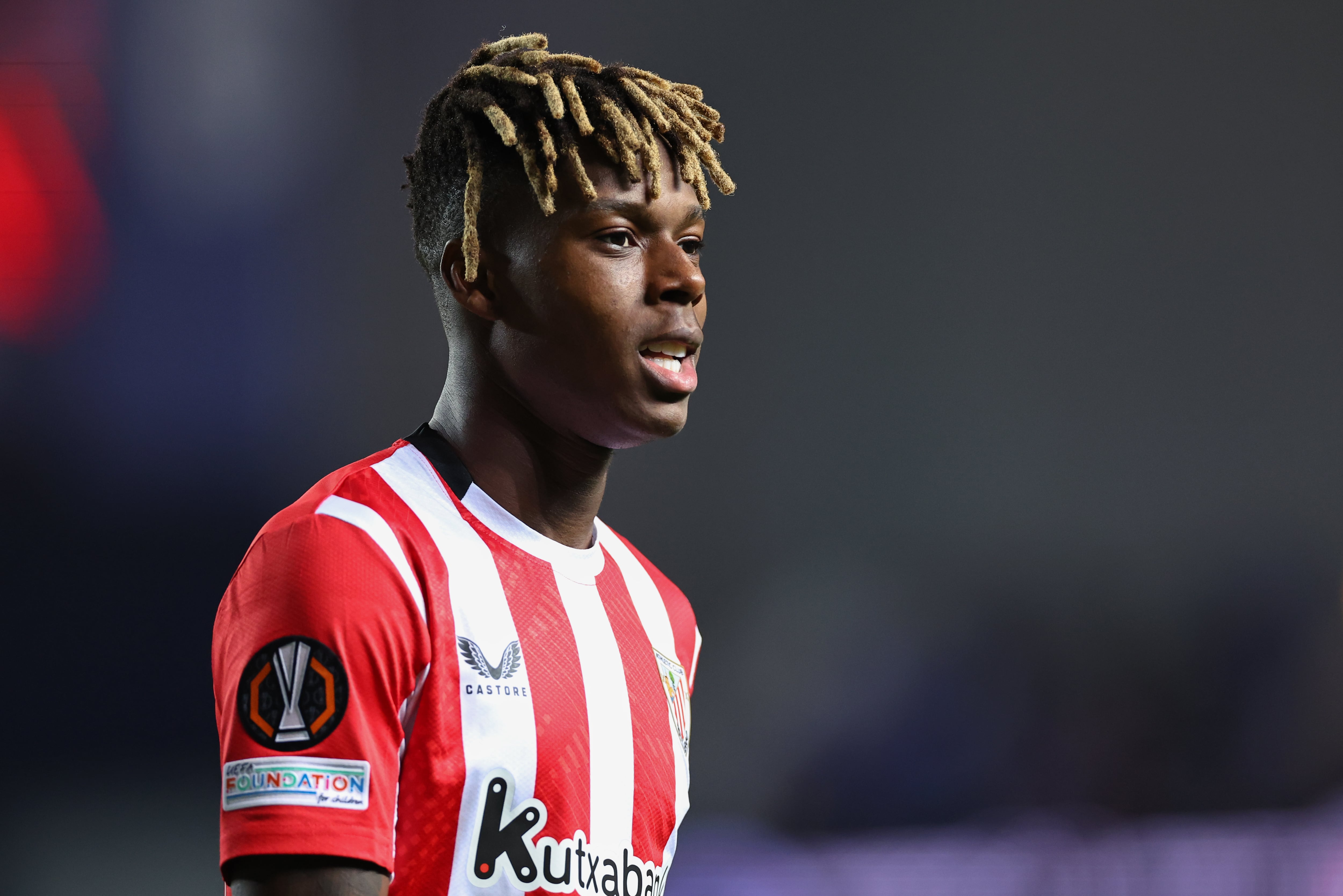 GLASGOW, SCOTLAND - APRIL 10: Nico Williams of Athletic Bilbao during the UEFA Europa League 2024/25 Quarter Final First Leg match between Rangers FC and Athletic Club at Ibrox Stadium on April 10, 2025 in Glasgow, Scotland. (Photo by Robbie Jay Barratt - AMA/Getty Images)