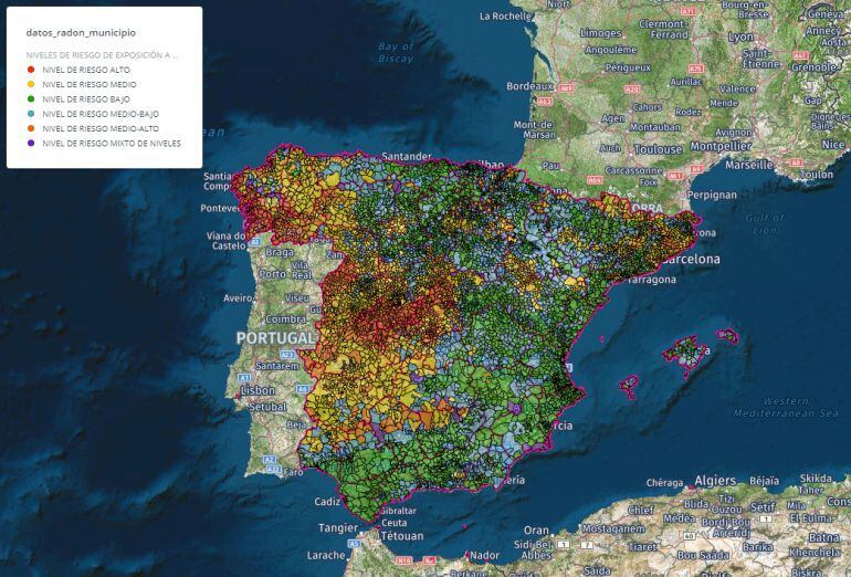 Mapa de la acumulación de radón en las viviendas de España. 