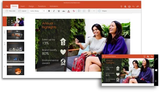 Captura de pantalla de PowerPoint 2016 en tablet y móvil