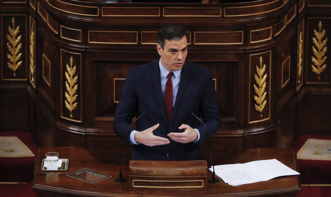 El presidente del Gobierno, Pedro Sánchez, durante su intervención al inicio del pleno del Congreso que debate este miércoles.