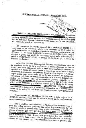 Escrito de la compañía ECA PROGRAM GROUP al juzgado de lo mercantil de Ciudad Real