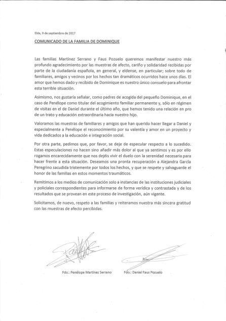 Comunicado de la familia tras los hechos