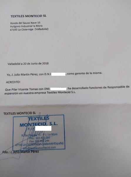 Imagen del documento aportado por Pilar Vicente
