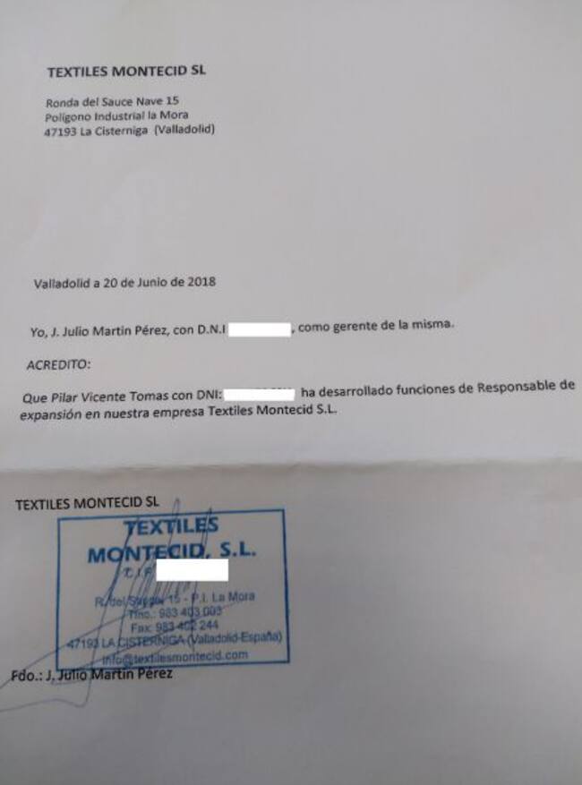 Imagen del documento aportado por Pilar Vicente