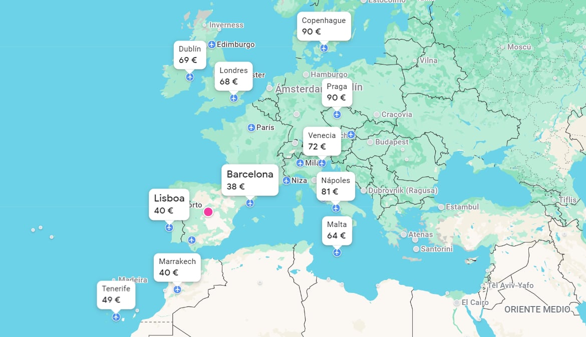 Un mapa de Europa con varios destinos por menos de 100 euros.