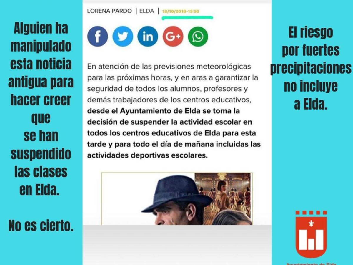 Elda alerta de la aparición de una noticia falsa sobre la suspensión de las clases