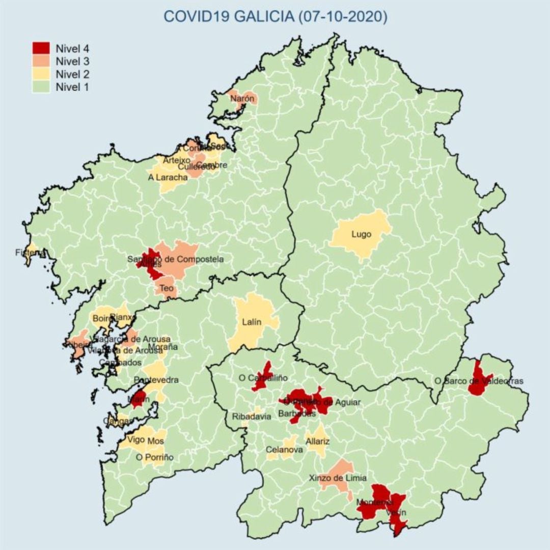 Mapa de concellos cos niveis de alerta para os casos acumulados nos últimos 7 días