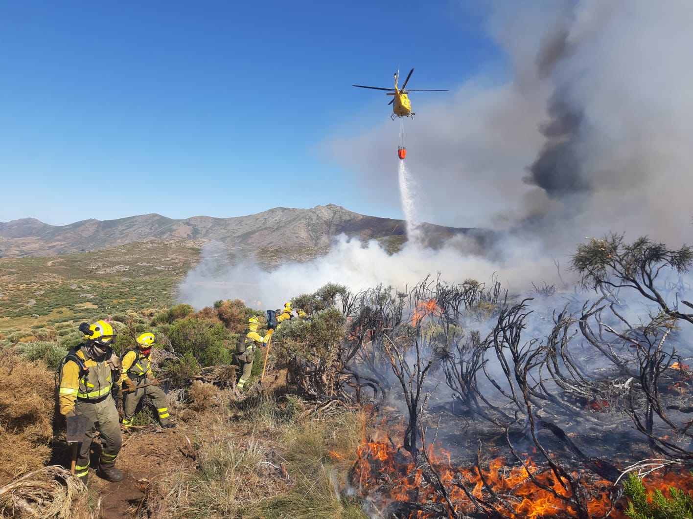 Un helicóptero realiza una descarga sobre un piornal en llamas