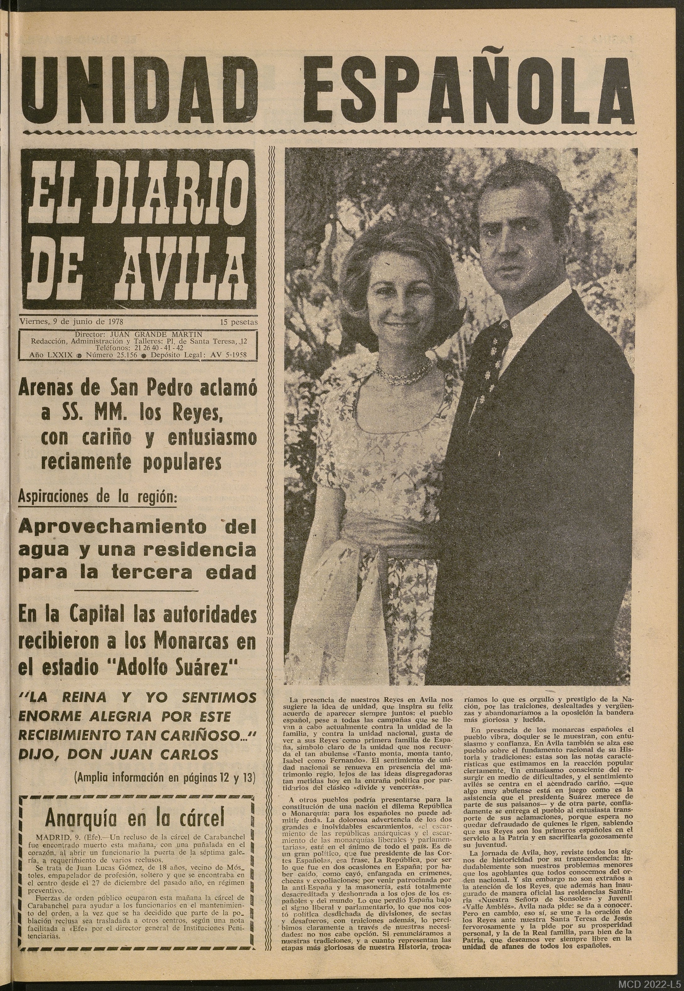 Portada de El Diario de Ávila que informaba de la presencia de los Reyes en la provincia para inaugurar, entre otras instalaciones, el nuevo hospital