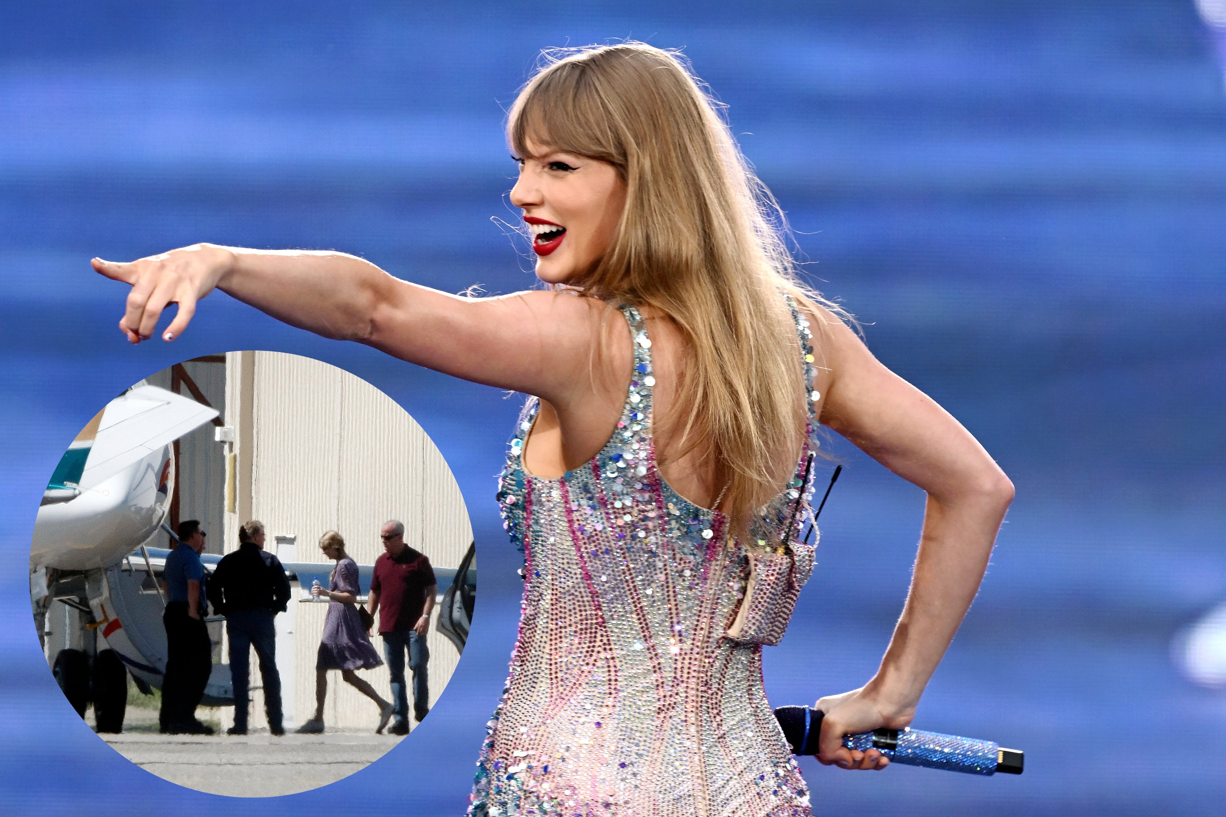 Taylor Swift en un montaje de ella en un concierto y subiéndose a su jet privado