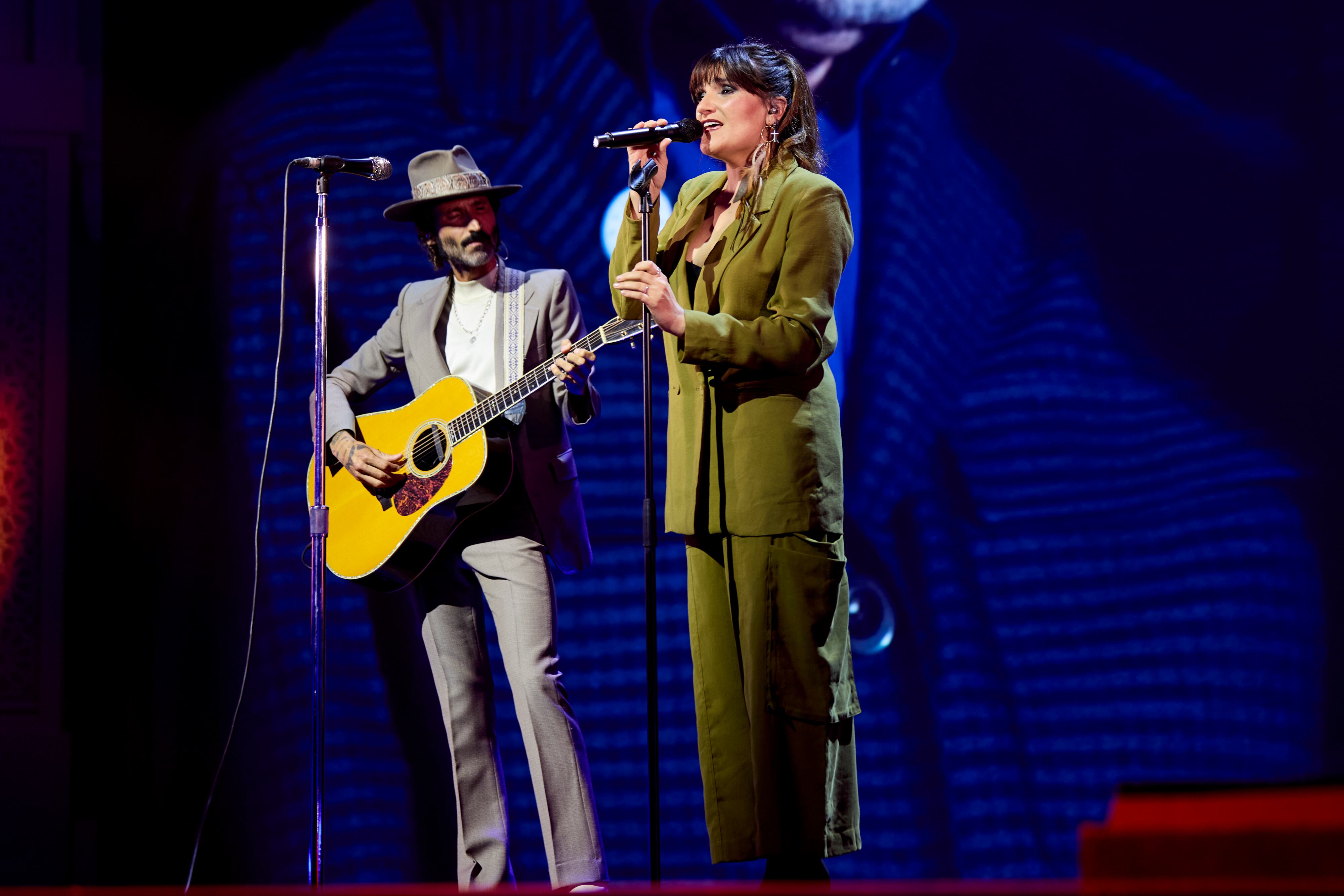 SEVILLE, SPAIN - SEPTEMBER 10: Leiva and Rozalén perform on stage during the Latin GRAMMY® Celebrates: The Music of Andalusia, A Tribute to the Region's Musical Legacy on September 10, 2025 in Seville, Spain. (Photo by Fran Santiago/Getty Images for The Latin Recording Academy)