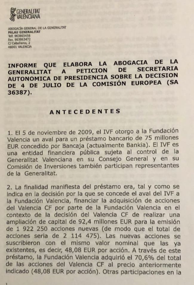 Informe que elabora la abogacía de la GV para la 'multa' UE al VCF.