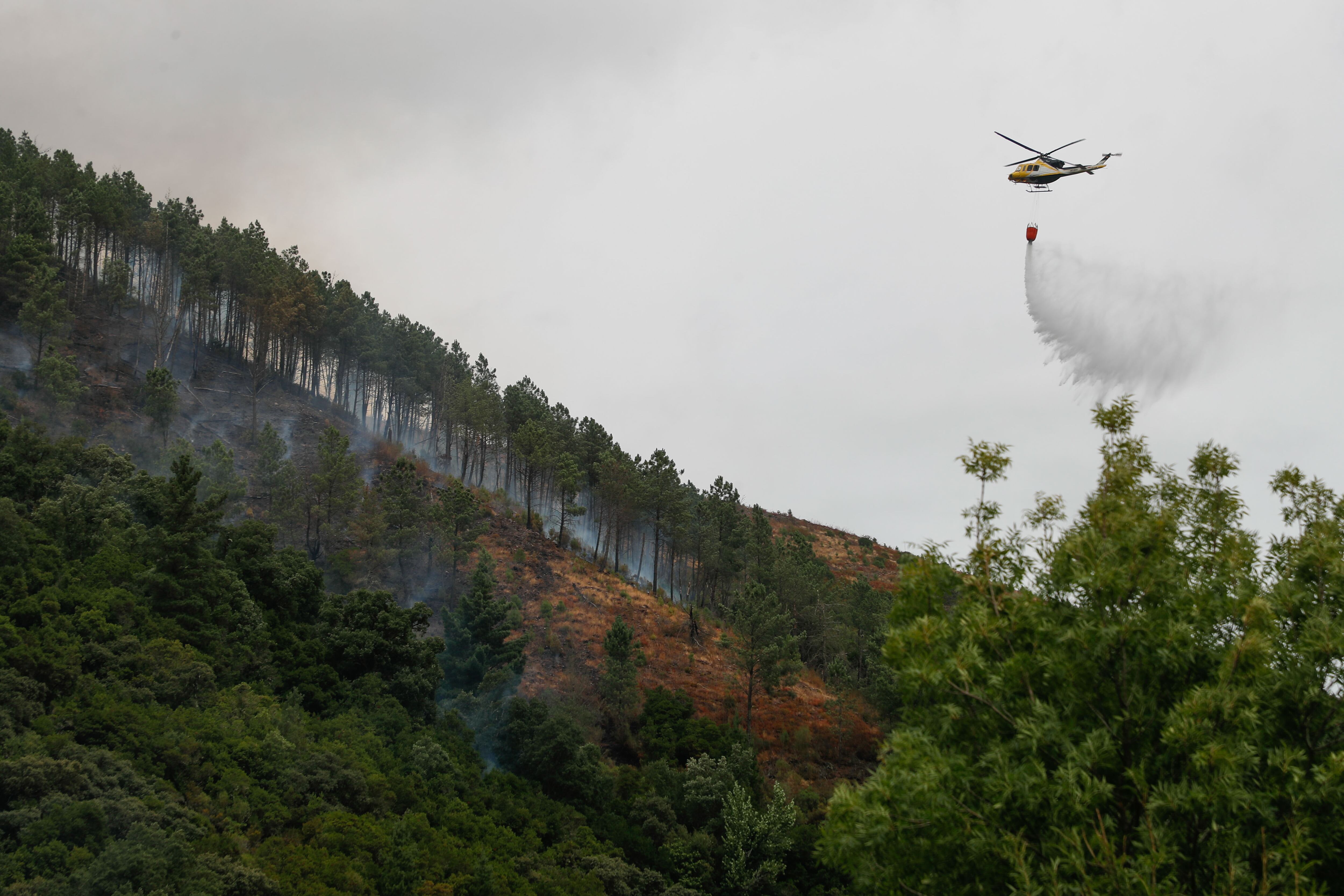 QUIROGA (LUGO), 27/08/2025.- Un helicóptero realiza labores de enfriamiento del terreno. EFE/ Eliseo Trigo