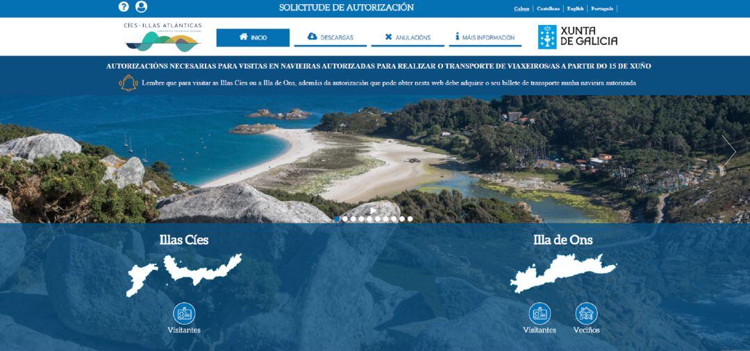 Web para sacar la autorización-reserva necesaria para viajar a Cíes y Ons