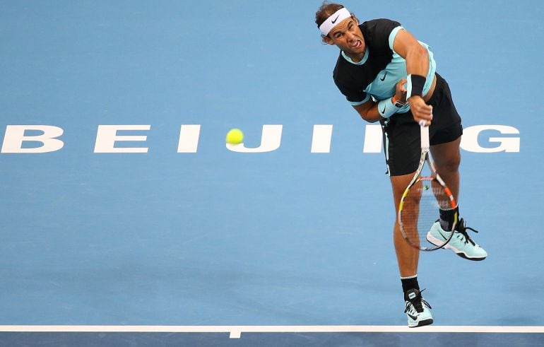 BEIJING, CHINA - OCTOBER 07:  Rafael Nadal of Spain serves in his match against Vasek Pospisil of Canada on day 5 of the 2015 China Open at the National Tennis Centre on October 7, 2015 in Beijing, China.  (Photo by Chris Hyde/Getty Images)