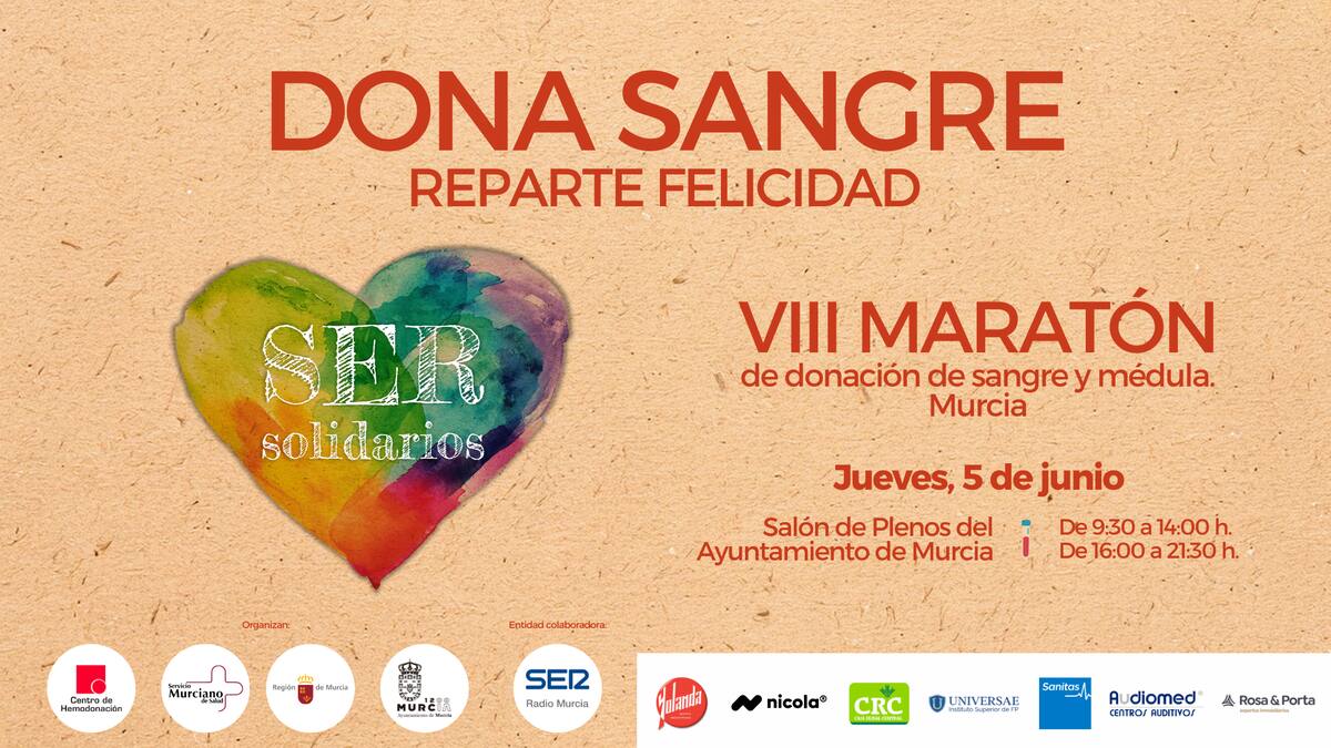 Murcia celebra hoy el VIII Maratón Solidario de Donación de Sangre bajo el lema “Dona sangre, reparte felicidad”