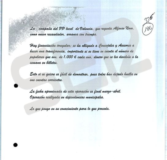 Nota anónima que dio origen a la investigación de la presunta financiación ilegal del PP de Valencia.