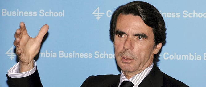 El expresidente del Gobierno español José María Aznar, durante una conferencia en inglés sobre la situación política y económica en la Unión Europea, que pronunció el día 11 en la Universidad de Columbia de Nueva York