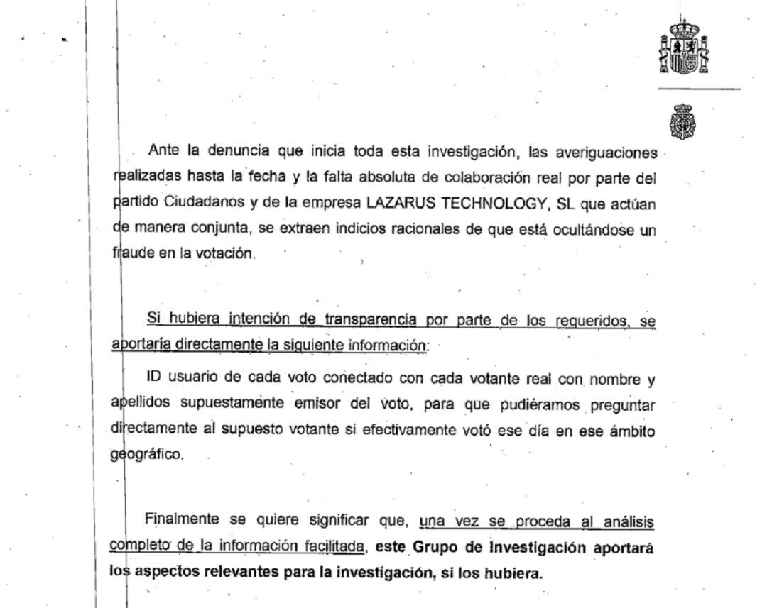 Fragmento del oficio remitido al juzgado de Cartagena por la UDEF