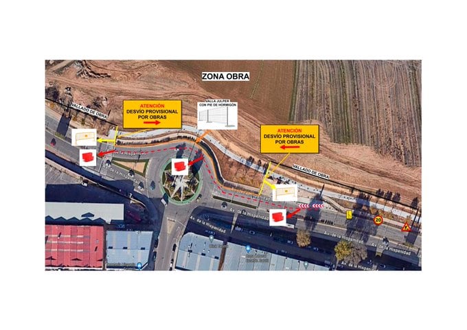 Imagen de la modificación del tráfico , por obras, en la rotonda de la avenida de la Hispanidad con la calle Miguel Servet.