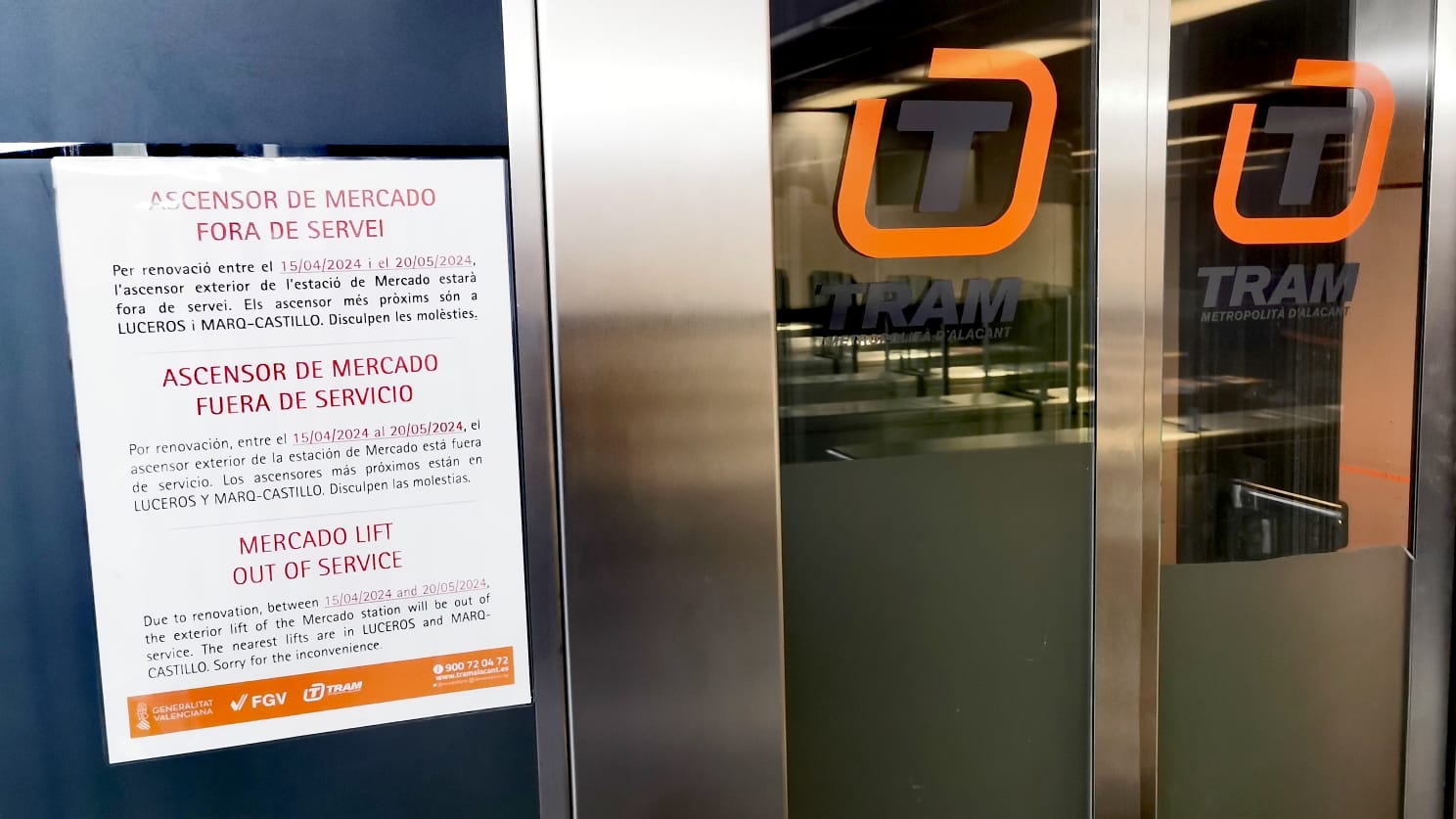 Aviso de ascensor de la parada de Mercado de TRAM d&#039;Alacant fuera de servicio