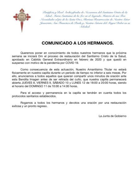 Comunicado emitido por la Hermandad de La Carretería sobre la próxima restauración del Cristo de la Salud