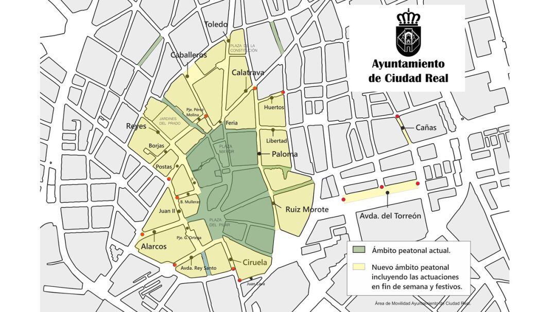 Plano de las cales del centro en los que se corta el tráfico en fin de semana para que los peatones puedan pasear respetando la distancia de seguridad